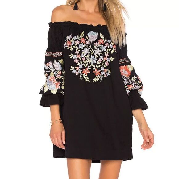 Free People Off-The-Shoulder Embroidered Dress Women's S Black Boho Festival - Picture 1 of 13